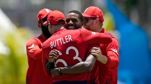 AP/Ricardo Mazalan : England's Chris Jordan, second right, celebrates with teammates after getting a hat-trick by dismissing United States' Saurabh Nethralvakar during the ICC Men's T20 World Cup cricket match between the United States and England at Kensington Oval in Bridgetown, Barbados, Sunday, June 23, 2024.