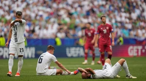 AP : Slovenia's players react after the end of a Group C match between Slovenia and Serbia at the Euro 2024 soccer tournament in Munich, Germany, Thursday, June 20, 2024. The match ended 1-1