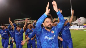 Afghanistan's Rashid Khan leads the celebrations after Monday's win.