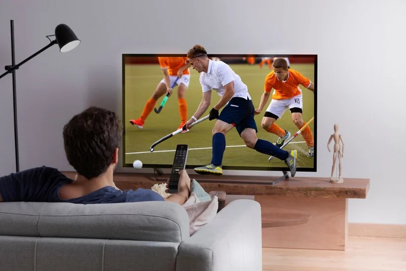 A man sitting on sofa ad watching a hockey match