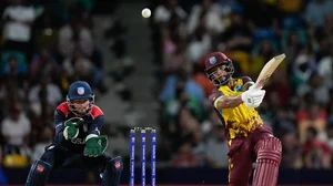 Photo: AP/Ricardo Mazalan : Shai Hope hits a big one during the USA vs West Indies, ICC T20 World Cup 2024 match in Barbados. 