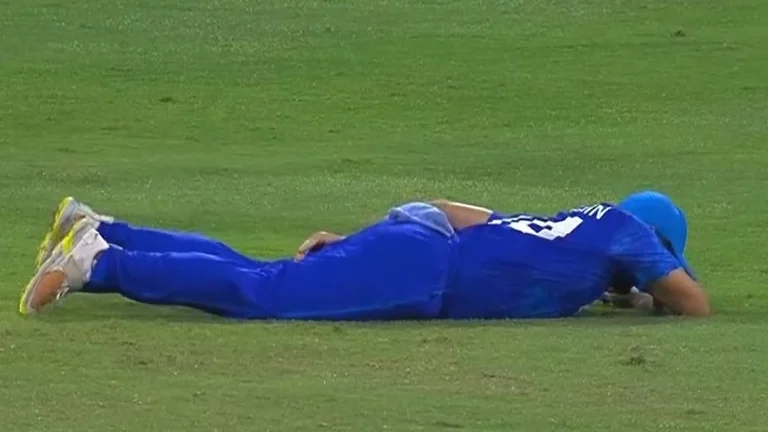 Gulbadin Naib lies down in pain during AFG vs BAN Super 8 match. - Disney+ Hotstar