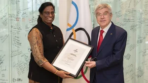 X/PTUshaOfficial : IOA President PT Usha (left) with IOC President Mr. Thomas Bach.