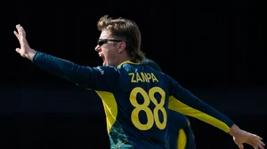 . (AP Photo/Ricardo Mazalan)
 : Australia's Adam Zampa celebrates taking the wicket of England's captain Jos Buttler during an ICC Men's T20 World Cup cricket match at Kensington Oval in Bridgetown, Barbados, Saturday, June 8, 2024.