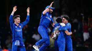 AP/Ramon Espinosa : Afghanistan celebrate their historic victory over Australia at ICC T20 World Cup 2024, Super 8s in Kingstown.