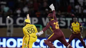 Photo: AP/Ramon Espinosa : Uganda's Alpesh Ramjani is trapped leg before wicket by West Indies' Akeal Hosein during their ICC T20 World Cup 2024 match at Guyana National Stadium in Providence.
