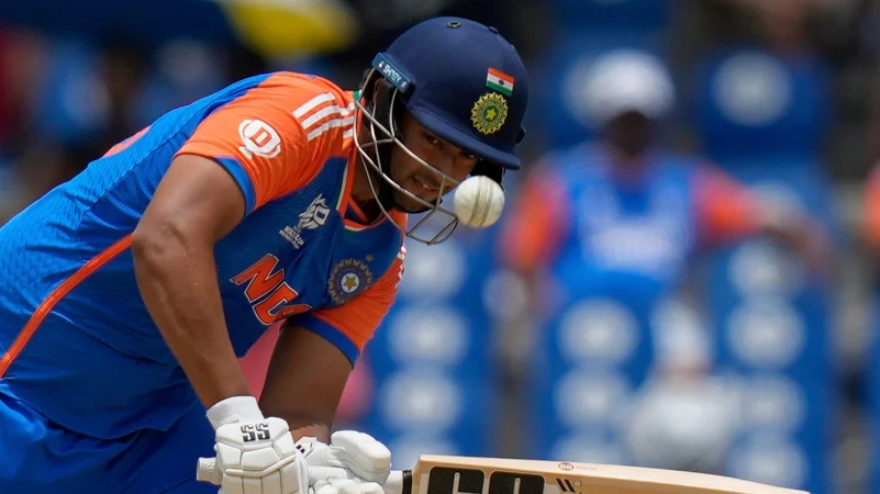 Indias Shivam Dube bats against Australia during an ICC Mens T20 World Cup cricket match. AP Photo