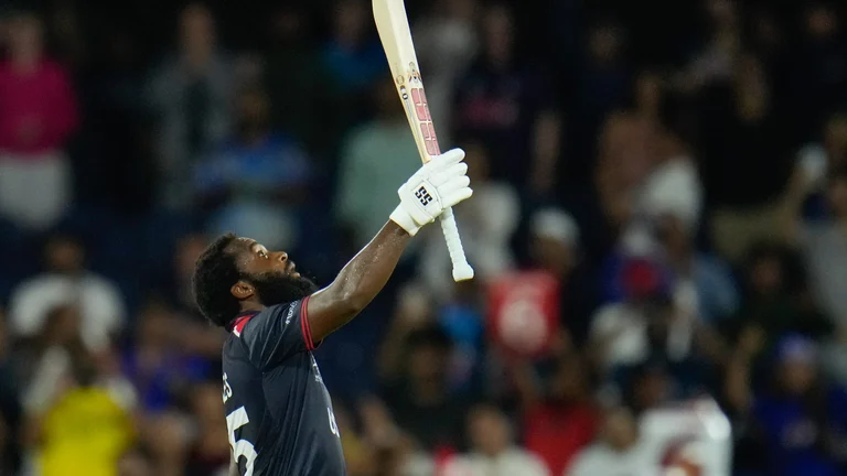 United States' Aaron Jones reacts after hitting the winning runs during the men's T20 World Cup cricket match between the United States and Canada at Grand Prairie Stadium, in Grand Prairie, Texas, Saturday, June 1, 2024. -  (AP Photo/Julio Cortez)