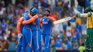 AP Photo/Ricardo Mazalan : India's Hardik Pandya, second left, celebrates with teammates after their win against South Africa in the ICC Men's T20 World Cup final cricket match at Kensington Oval in Bridgetown, Barbados.