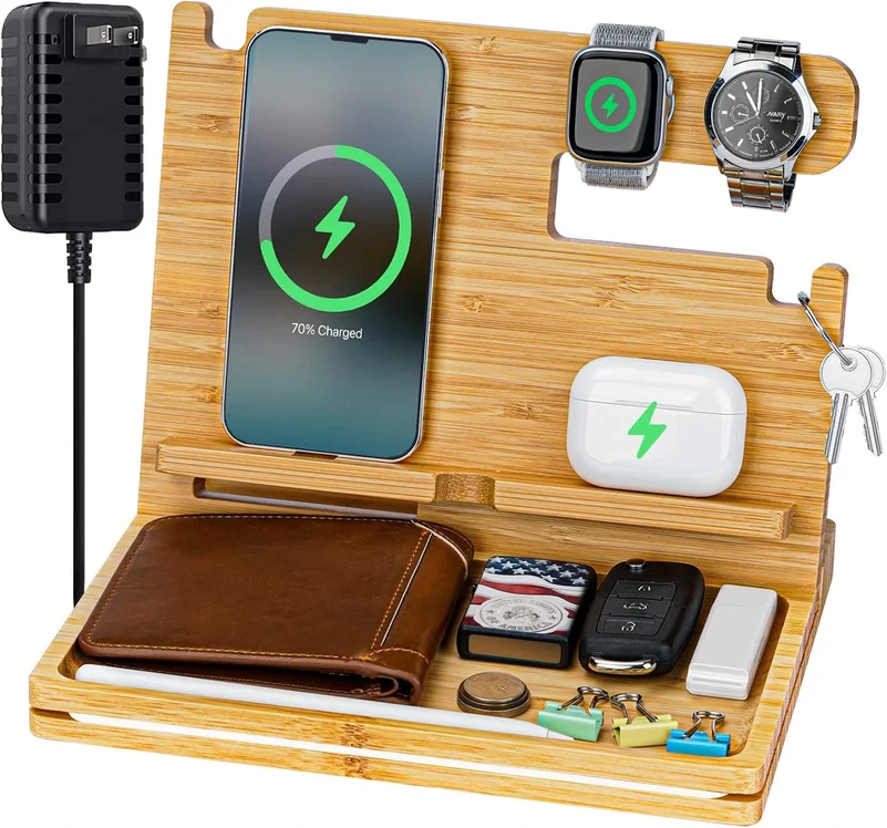 A wooden docking station to keep essentials organized 