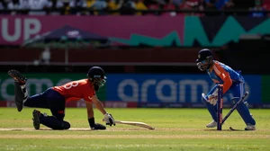 (AP Photo/Ramon Espinosa)
 : England's Moeen Ali, left, is stumped out by India's wicketkeeper Rishabh Pant, right, during the ICC Men's T20 World Cup second semifinal cricket match between England and India at the Guyana National Stadium in Providence, Guyana, Thursday, June 27, 2024. 


