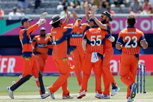 . (AP Photo/Adam Hunger)

 : The Netherlands celebrates after outing South Africa's Quinton de Kock during an ICC Men's T20 World Cup cricket match at the Nassau County International Cricket Stadium in Westbury, New York, Saturday, June 8, 2024.
