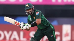 Photo: X/ @TheRealPCB : Pakistan cricket team captain Babar Azam playing a shot during the ICC T20 World Cup 2024.