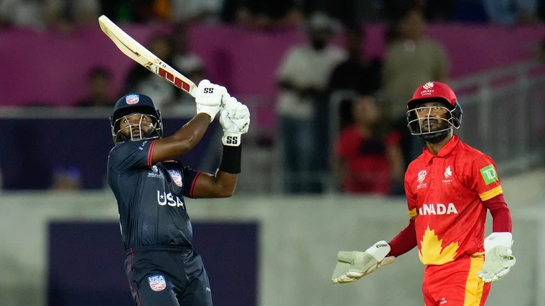 Aaron Jones hits a six during his match-winning 94-run knock for USA against Canada at the ICC T20 World Cup 2024 in Texas on Sunday (June 2). - Photo: AP/Julio Cortez