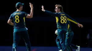 Photo: AP/Ricardo Mazalan : Adam Zampa (Right) celebrates a wicket at the T20 World Cup.
