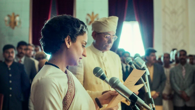 Actor Kangana Ranaut as former prime minister Indira Gandhi in a still from the upcoming film 'Emergency'.  - PTI