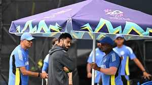 India players shelter from the rain at the T20 World Cup game in Florida