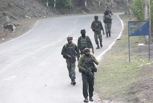 (PTI Photo) : Army personnel during a search operation after a bus carrying pilgrims was ambushed by terrorists, in Reasi district of Jammu and Kashmir, Monday, June 10, 2024. 