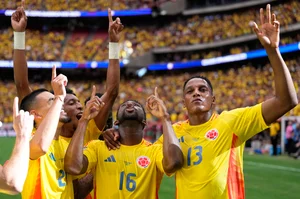 (AP Photo/Kevin M. Cox) : Colombia's Jefferson Lerma, 16, celebrates scoring his side's second goal against Paraguay during a Copa America Group D soccer match in Houston, Texas, Monday, June 24, 2024. 