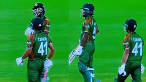 Photo: Hotstar Screengrab : Jaker Ali and TanzimHasan Sakib during the DRS controversy against Nepal in the ICC T20 World Cup 2024.