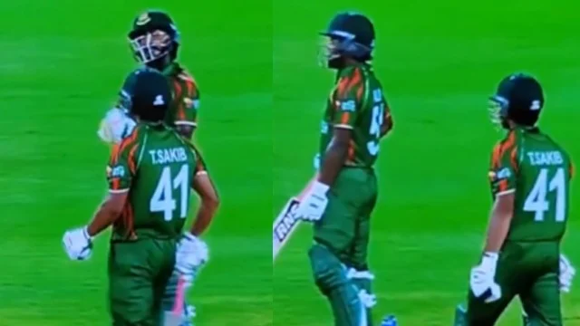 Jaker Ali and TanzimHasan Sakib during the DRS controversy against Nepal in the ICC T20 World Cup 2024. - Photo: Hotstar Screengrab