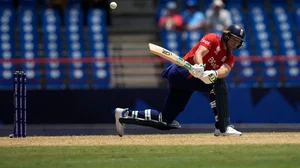  AP Photo/Ramon Espinosa : England's captain Jos Buttler plays a shot during the ICC Men's T20 World Cup cricket match between England and South Africa at Darren Sammy National Cricket Stadium in Gros Islet, Saint Lucia, Friday, June 21, 2024.
