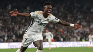 Vinicius Junior celebrates his Champions League final goal against Borussia Dortmund.