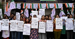  (Photo by Samir Jana via Getty Images) : Trinamool Chhatra Parishad (TMCP), students wing of All India Trinamool Congress (TMC) supporters staged a protest against recent scam in NEET and UGC-NET exam in front of Asutosh College, on June 22, 2024 in Kolkata, India.