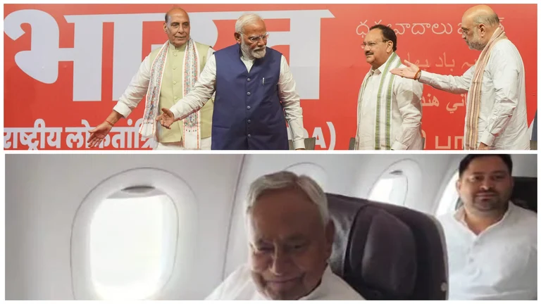 A clip of NDA-ally Nitish Kumar and INDIA bloc partner RLD leader Tejashwi Yadav travelling on the same flight to Delhi from Bihar has gone viral.

 - null