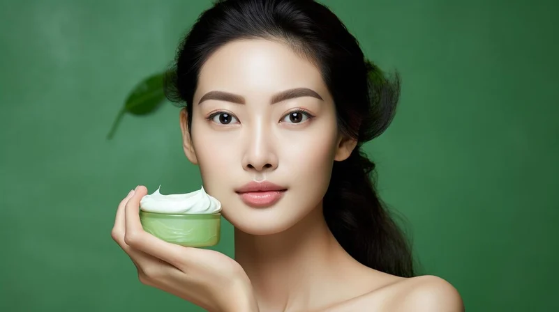 A Korean women with a skincare product in hand
