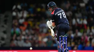 AP Photo/Ricardo Mazalan : United States' Corey Anderson bats during the men's T20 World Cup cricket match between the USA and the West Indies at Kensington Oval, Bridgetown, Barbados.