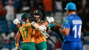 Photo: AP/Ricardo Mazalan : Aiden Markram (centre) and Reeza Hendricks (left) celebrate after South Africa beat Afghanistan by nine wickets in the first semi-final  of ICC T20 World Cup 2024, in Trinidad on Thursday (June 27).