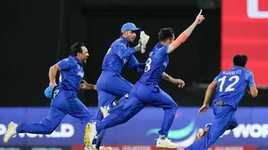 Photo: AP/Ricardo Mazalan : Afghanistan celebrate their win over Bangladesh at the ICC T20 World Cup 2024, Super Eights in Saint Vincent on Tuesday (June 25).