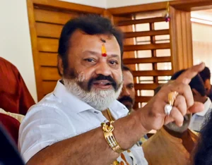 PTI Photo : BJP candidate from Thrissur constituency Suresh Gopi celebrates as he leads in the Lok Sabha elections.