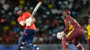 AP/Ramon Espinosa : Phil Salt (left) bats during the England vs West Indies, T20 World Cup 2024 match in St Lucia. 