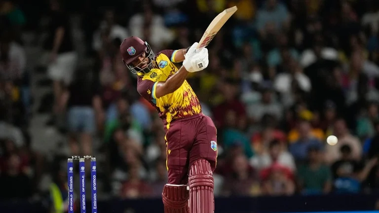 Shai Hope hits a big one during the USA vs West Indies, ICC T20 World Cup 2024 match in Barbados.  - AP/Ricardo Mazalan