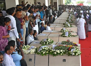 AP photo : People pay homage after the bodies of 45 Indians, who died in a fire at a building in Kuwait 