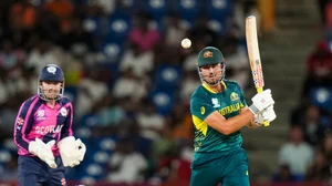 AP/Ramon Espinosa : Marcus Stoinis bats during the  Australia vs Scotland, ICC T20 World Cup 2024 match in St Lucia.