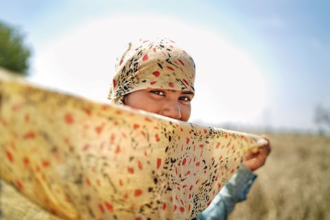 A woman farm worker covers her head and face to shield herself from the heat