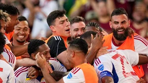 AP/Eric Gay : Venezuela's Salomon Rondon, bottom right, is mobbed by teammates after scoring a second half goal during a Copa America Group B soccer match between Jamaica and Venezuela, Sunday, June 30, 2024, in Austin, Texas.