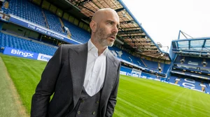 Enzo Maresca pictured at Stamford Bridge after officially starting work as Chelsea head coach.