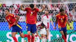 AP/Manu Fernandez : Spain's Rodri, left, runs to celebrate after scoring his sides first goal during a round of sixteen match between Spain and Georgia at the Euro 2024 soccer tournament in Cologne, Germany, Sunday, June 30, 2024.