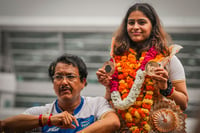 Photo: PTI/Atul Yadav : Manu Bhaker welcomed on her arrival in Delhi