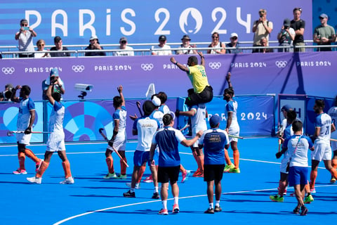 Teammates lift retiring India goalkeeper PR Sreejesh aloft after the bronze-bagging feat in Paris.