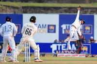 | Photo: AP/Viraj Kothalawala : SL Vs NZ, 1st Test Day 2: Sri Lanka's Pathum Nissanka, right, tries unsuccessfully to catch New Zealand's Tom Blundell