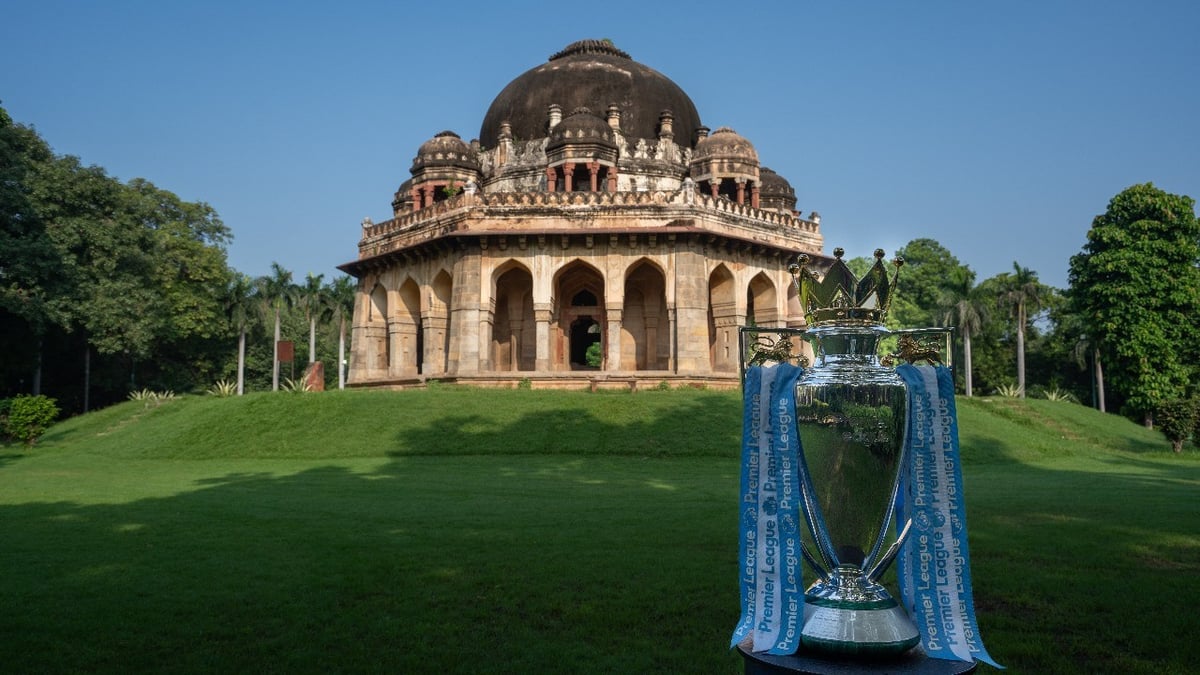 Special Arrangement : Manchester City's PL trophy at New Delhi's Lodhi Gardens.