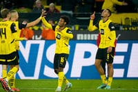 | Photo: AP/Martin Meissner : German Bundesliga 2024-25, Borussia Dortmund vs VfL Bochum: Dortmund's Felix Nmecha, right, celebrates after scoring his side's fourth goal 