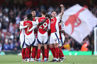 | Photo: AP/Ian Walton : English Premier League 2024-25, Arsenal vs Leicester City: Arsenal players celebrate their victory 