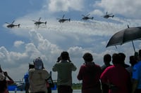 | Photo: PTI/R Senthilkumar : Air Force Day 2024: IAF aerobatics team 'Sarang' performs