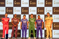 | Photo: PTI/Kunal Patil : Masters League: Eoin Morgan, Brian Lara, Sachin Tendulkar, Jonty Rhodes, Romesh Kaluwitharana and Shane Watson during the launch